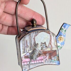 Vtg Enamel Copper Handpainted Miniature Copper Teapot A